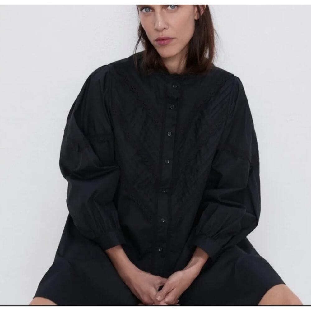 Zara Black Long Puff Sleeve Poplin Button Up Mini Shirt Dress Pintuck Lace LARGE - Picture 3 of 10